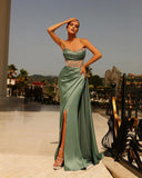 Luxury Crystal Beadings Satin Mermaid Prom Dresses V-Neck High Side Split Pleat Ruched Long Evening Dress Party Gown