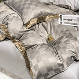 Pisoshare High Quality Satin Jacquard And Cotton Luxury Bedding Set Chic Gold Edge Embroidery Duvet Cover Set Bed Sheet Pillowcases