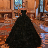 Elegant Black Tiered RufflesTulle Evening Dresses Sweetheart Spaghetti Strap A-Line Pleat Ruched Prom Dress Party Gowns