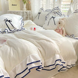 Pisoshare Korean Princess White Bedding Set For Women Double Ruffle Lace Duvet Cover Full Queen Solid Color Comfortable Falt Bed Sheet Set
