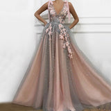 Flesh Pink Tulle Prom Maxi Dresses Elegant Women Formal Party Night Long Appliqus Robes Luxury Evening Gowns Vestidos Gala