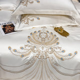 Luxury Gold Feather Embroidery Egyptian Cotton Champagne/Light Yellow Patchwork Duvet Cover Bed Sheet Pillowcases Bedding Set
