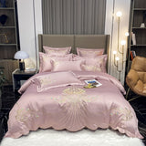 Luxury Gold Feather Embroidery Egyptian Cotton Champagne/Light Yellow Patchwork Duvet Cover Bed Sheet Pillowcases Bedding Set