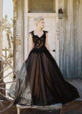 Vintage Black Wedding Dresses Lace Applique Sweetheart A-Line Gothic Bridal Dress Beaded Backless Long Tulle Wedding Bridal Gown