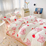 Pisoshare New Cartoon Foral Print Polyester Bedding Set Full Size Soft Thicken Duvet Cover Set with Flat Sheet Quilt Cover and Pillowcase
