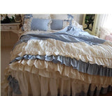 Pisoshare High end Luxury Bedding set Cotton Blue Plaid Cake Layers Lace Ruffle Bowknot Duvet cover Bed skirt Linens Pillowcases