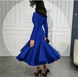 Elegant Short Royal Blue Taffeta Evening Dress With Sleeves Muslim Mermaid Tea Length Robe De Mariée Party Gown For Women