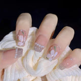24PCS Press On Nails with Diamond Butterfly Design White Fake Nails Coffin Ballet False Nails Manicure Salon DIY  Full Finished