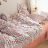 Pisoshare Kawaii Rainbow Striped Bedding Set For Girl Heart Princess Style Ruffled Duver Cover Washed Cotton Flat Bed Sheet And Pillowcase