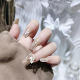 24pcs Fake Nails Fairy Gold Butterfly False Nail Patch Round Head Glitter Acrylic Nail Tips for Girl Women Manicure Nail Tips
