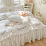 Pisoshare 100% Cotton Korean Princess White Bedding Sets Ruffle Bedspread Flower Embroided Duvet Cover Bed Skirt Pillowcases Home Textile