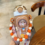 600 ML Cute Animal Kids Straw Thermos Stainless Steel Water Bottle For Girs Portable School Vacuum Insulated Flask For Hot Water