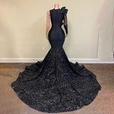 Black Sequin African Girl Long Mermaid Prom Dresses 2023 Ruffles Single Full Sleeve Women Formal Evening Party Gala Gown
