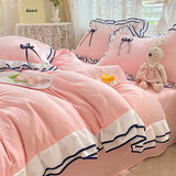 Pisoshare Korean Princess Style Bedding Set For Women Double Ruffle Lace Duvet Cover Full Queen Solid Color Comfortable Falt Bed Sheet Set
