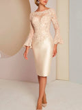 Sheath / Column Mother of the Bride Dress Plus Size Elegant Vintage Jewel Neck Knee Length Lace Satin Long Sleeve with Appliques