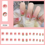 24pcs Short Fake Nails White Black Line Printed Design Coffin Head Fake Nails for Girls Wearable Manicure Acrylic Nail Tips