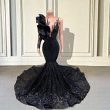 Black Sequin African Girl Long Mermaid Prom Dresses 2023 Ruffles Single Full Sleeve Women Formal Evening Party Gala Gown