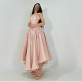 Classic Short Pink Strapless Satin Evening Dresses A-Line Pleated Above Ankle Length Prom Dresses for Women
