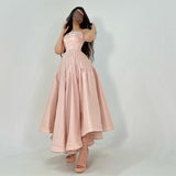 Classic Short Pink Strapless Satin Evening Dresses A-Line Pleated Above Ankle Length Prom Dresses for Women