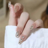 24Pcs Pink Heart Pattern False Nail with Diamond Decor Oval Pointed Head Fake Nail Full Finished Press on Nails for Women Girls