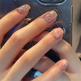 24pcs glitter Fake Nails Short Skin Tone and Pearl design pree on nail tips Wear Nail Art Finished fake Nails With Glue for girl