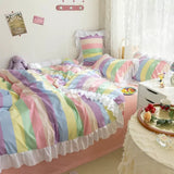 Pisoshare Kawaii Rainbow Striped Bedding Set For Girl Heart Princess Style Ruffled Duver Cover Washed Cotton Flat Bed Sheet And Pillowcase