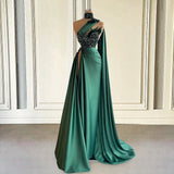One Shoulder Dubai Satin Evening Dresses Long 2023 Luxury Bead Feather Shawl High Slit Green Women Formal Party Dress Prom Gowns