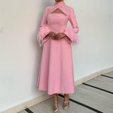 Vintage Short Pink Crepe Evening Dresses With Feathers فساتين سهرة Long Sleeve Halter Tea Length Prom Dresses for Women