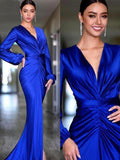 Elegant Royal Blue Evening Dresses Deep V Neck Long Sleeve Arabic Celebrity Prom For Women Party Robe De Soirée Vestidos De Gala