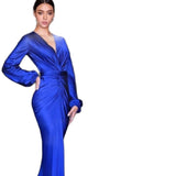 Elegant Royal Blue Evening Dresses Deep V Neck Long Sleeve Arabic Celebrity Prom For Women Party Robe De Soirée Vestidos De Gala