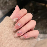 24Pcs Pink Heart Pattern False Nail with Diamond Decor Oval Pointed Head Fake Nail Full Finished Press on Nails for Women Girls