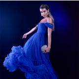 Vintage Long Royal Blue Tulle Evening Desses A-Line Off Shoulder vestidos de noite Floor Length Tiered Prom Dresses for Women