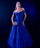 Vintage Long Royal Blue Tulle Evening Desses A-Line Off Shoulder vestidos de noite Floor Length Tiered Prom Dresses for Women