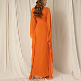 Vintage Long V-Neck Chiffon Evening Dresses With Sleeves فساتين سهرة Sheath Orange Ankle Length Prom Dresses for Women