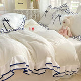 Pisoshare Korean Princess White Bedding Set For Women Double Ruffle Lace Duvet Cover Full Queen Solid Color Comfortable Falt Bed Sheet Set