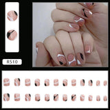 24pcs Short Fake Nails White Black Line Printed Design Coffin Head Fake Nails for Girls Wearable Manicure Acrylic Nail Tips